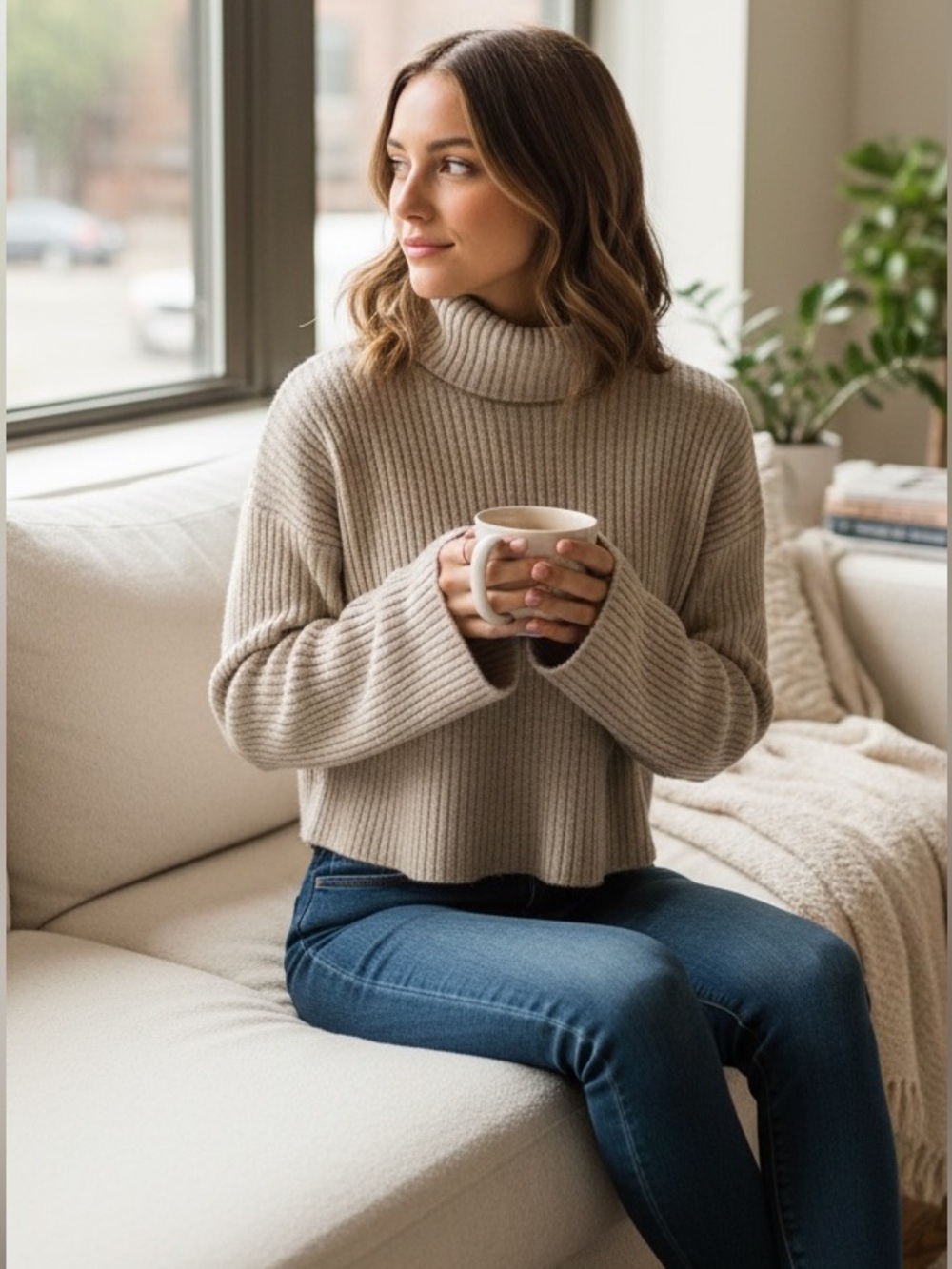 VICI Tan Ribbed Knit Long Sleeve Cropped Turtleneck Sweater Women’s Size Small
